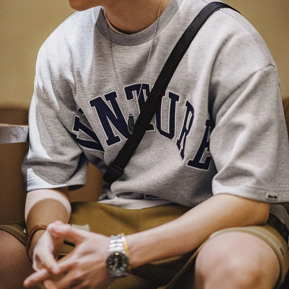 Maden 2024 New Retro Layer Letter Embroidery T-shirt Loose 320g/m² Heavyweight Round Neck Short-sleeved for Men's Summer