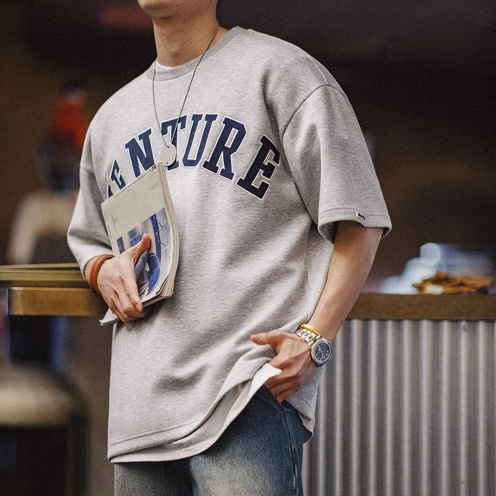 Maden 2024 New Retro Layer Letter Embroidery T-shirt Loose 320g/m² Heavyweight Round Neck Short-sleeved for Men's Summer