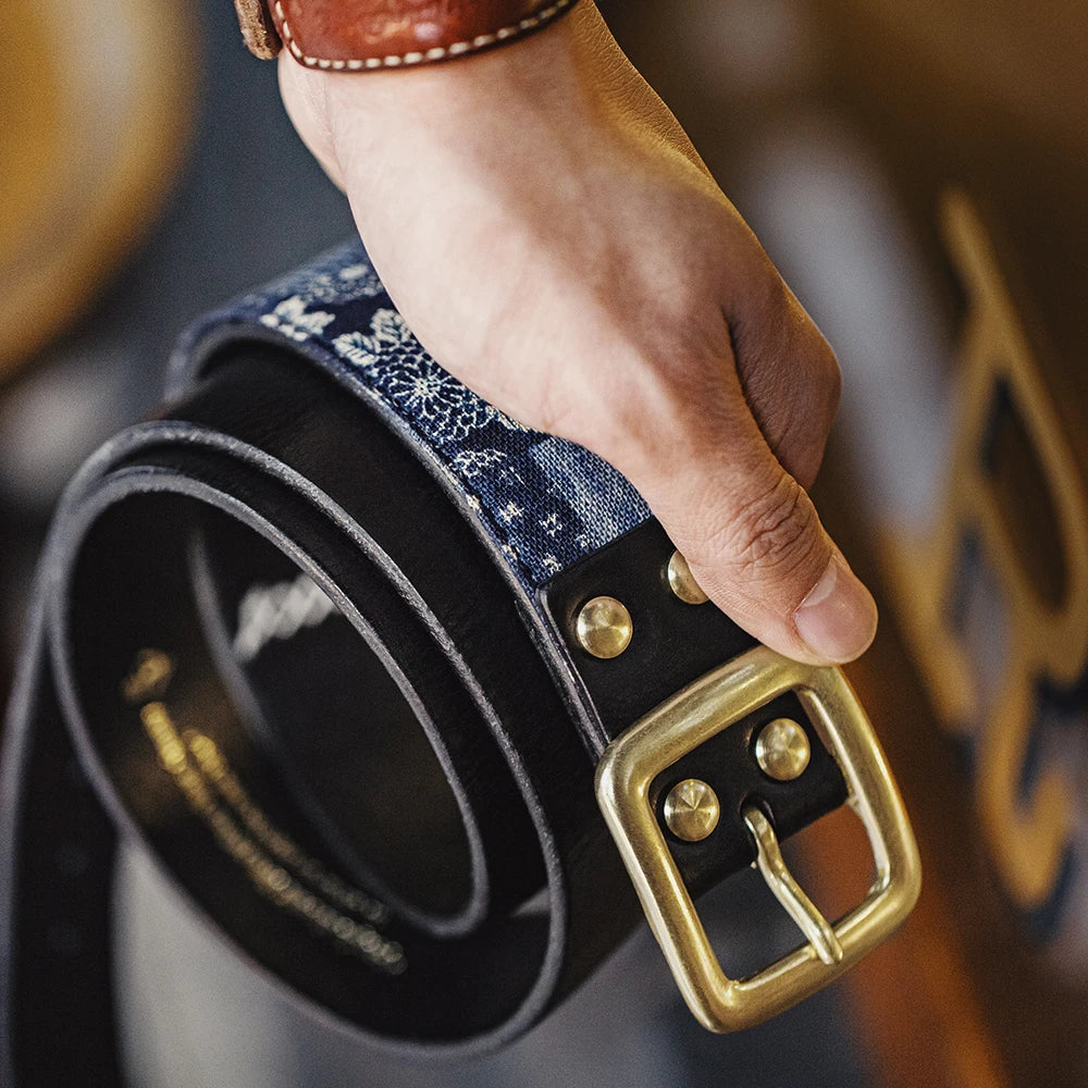 Maden New Cowhide Material Ancient Cloth Printed Vegetable Tanned Belt Boro Style Cowhide Pin Buckle Retro Belt for Men