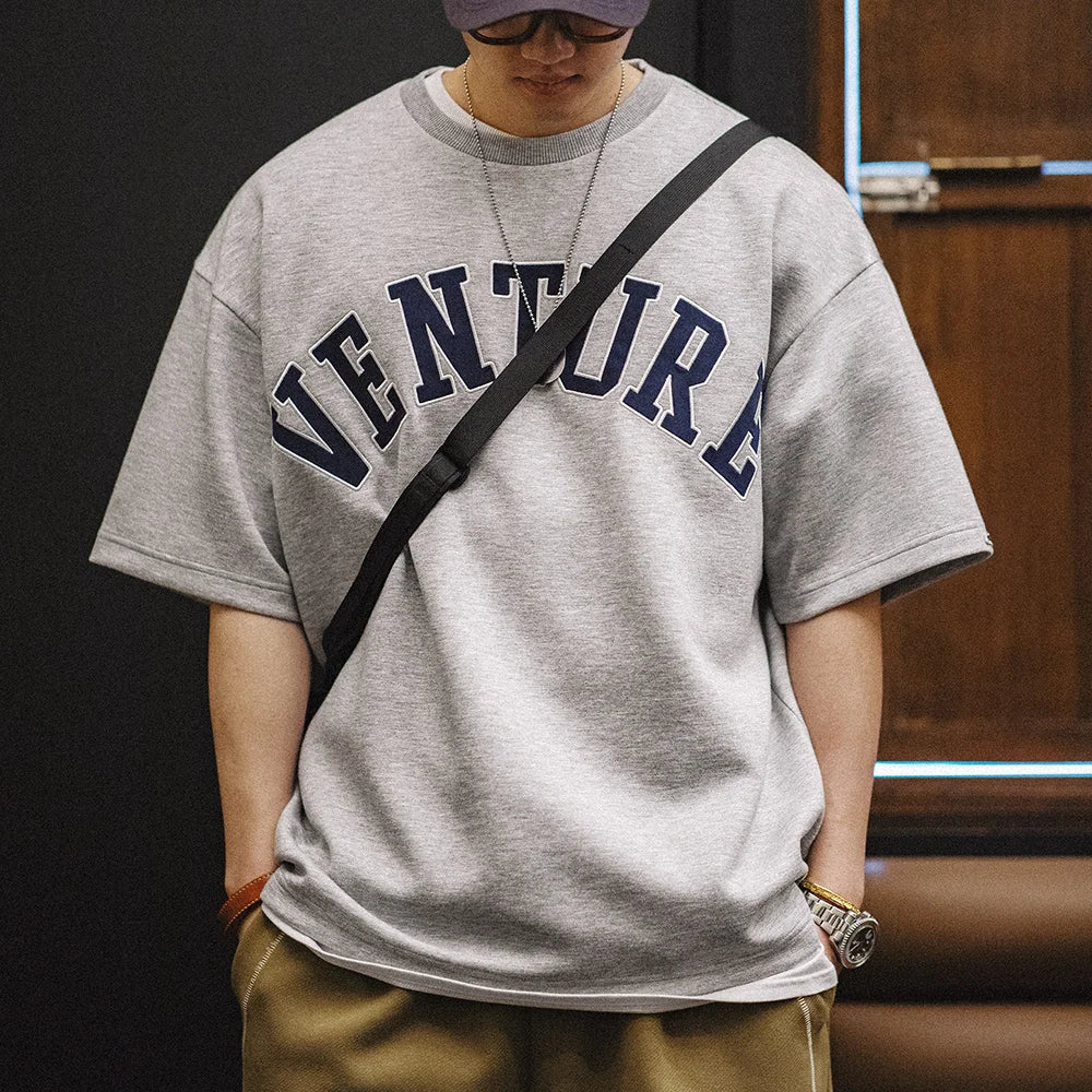 Maden 2024 New Retro Layer Letter Embroidery T-shirt Loose 320g/m² Heavyweight Round Neck Short-sleeved for Men's Summer