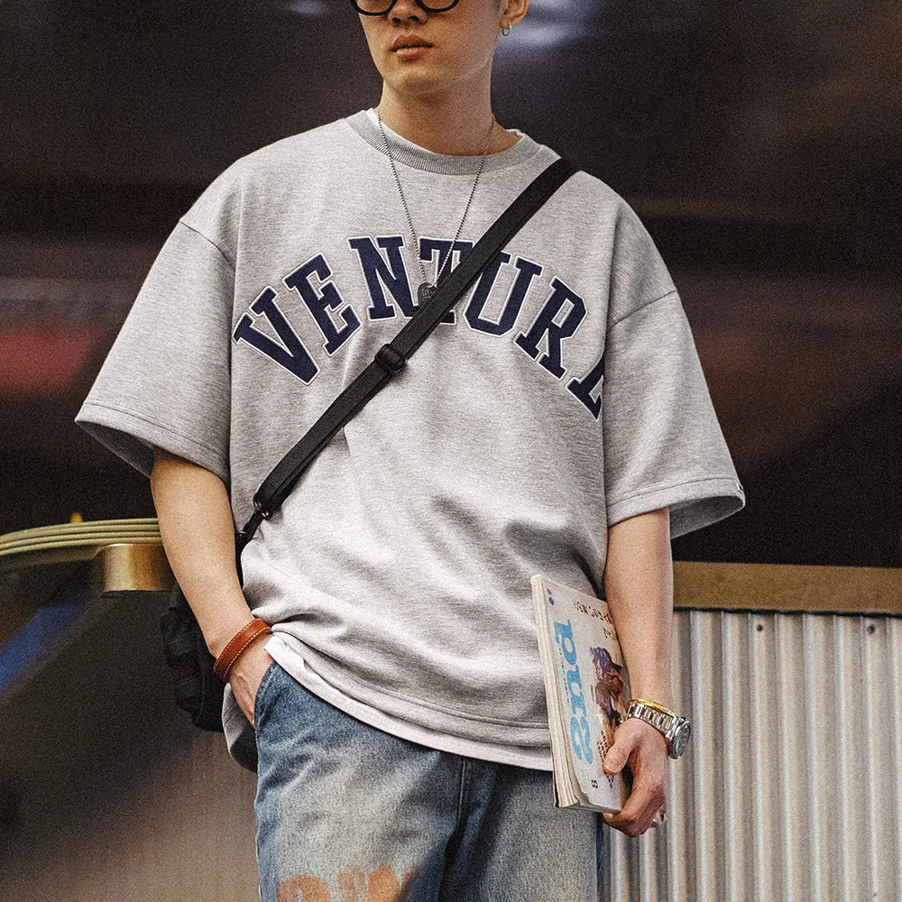 Maden 2024 New Retro Layer Letter Embroidery T-shirt Loose 320g/m² Heavyweight Round Neck Short-sleeved for Men's Summer