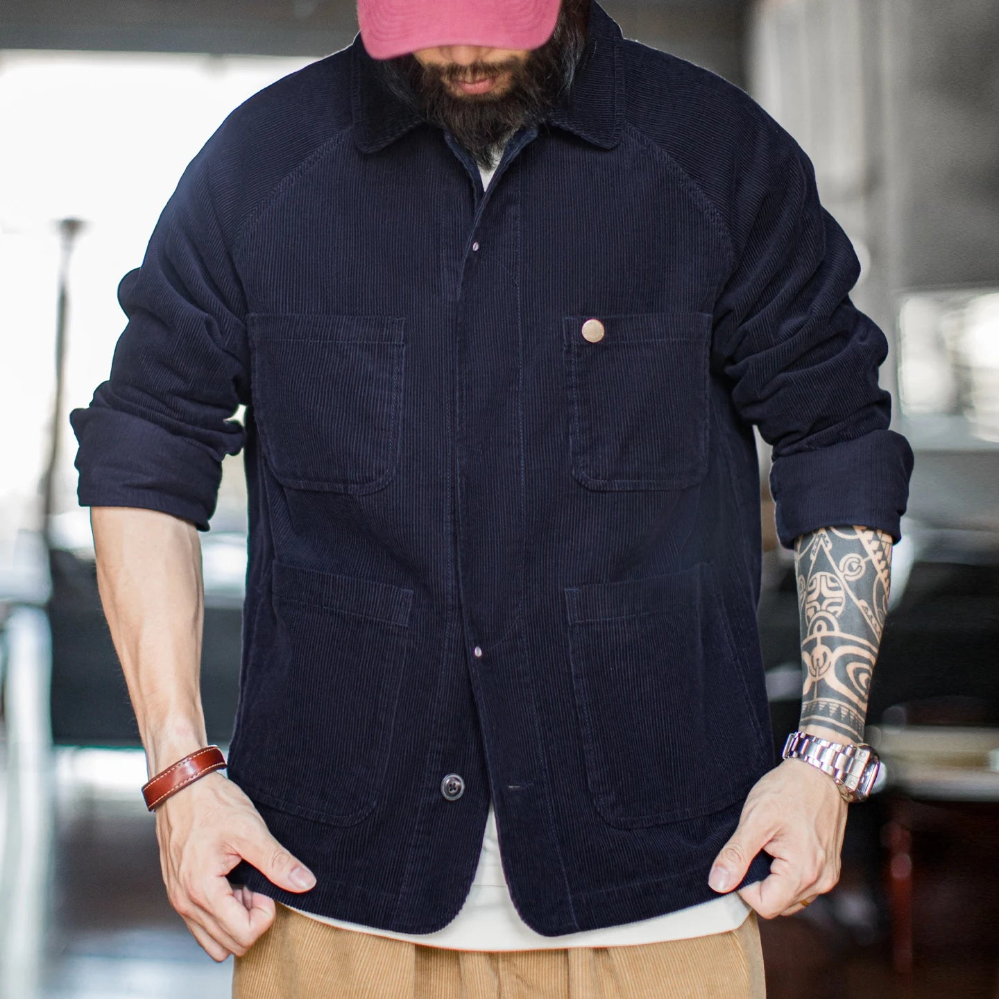 Maden Men's Vintage Corduroy Safari Jacket Navy Blue Lightweight Hunting Coat with 4 Pockets Single-Breasted Spring Fall Outwear