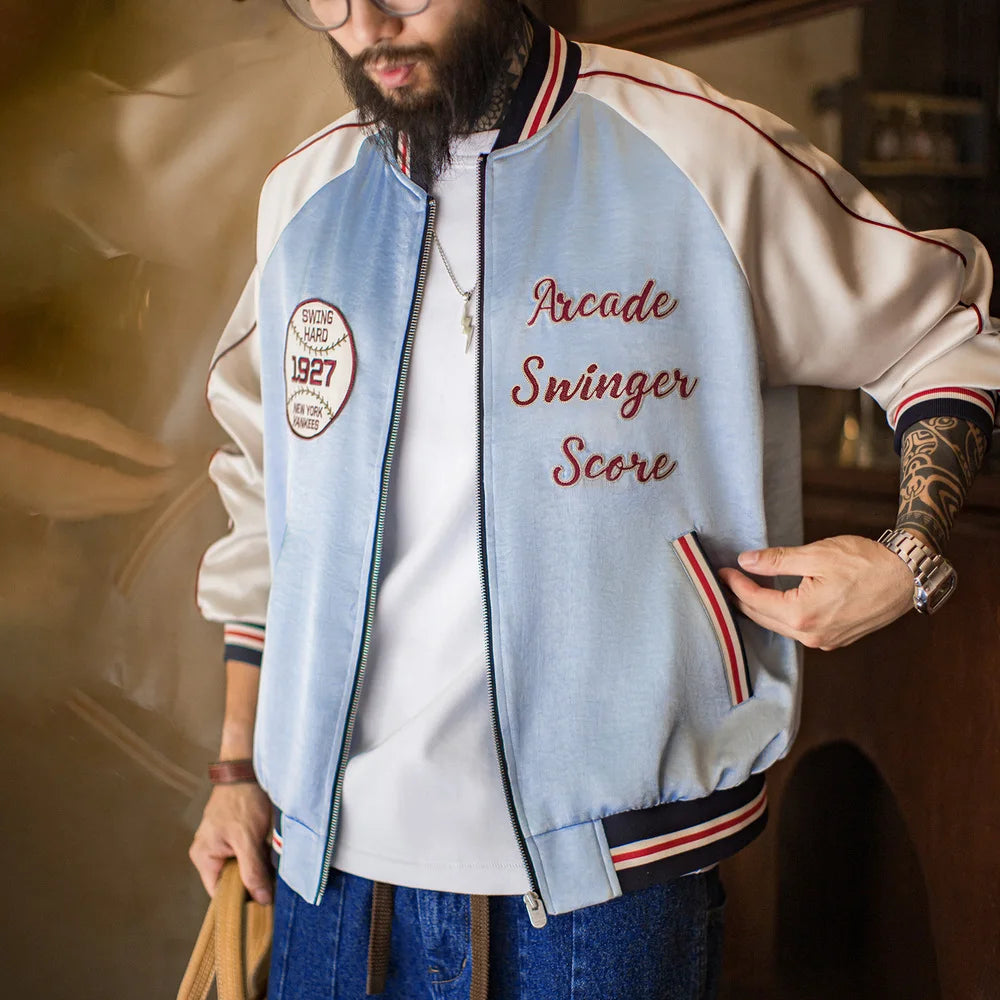 Maden Men Vintage Embroidered Souvenir Jacket Satin Contrast Baseball Bomber Outwear Short Zip-Up Casual Jacket for Spring Fall
