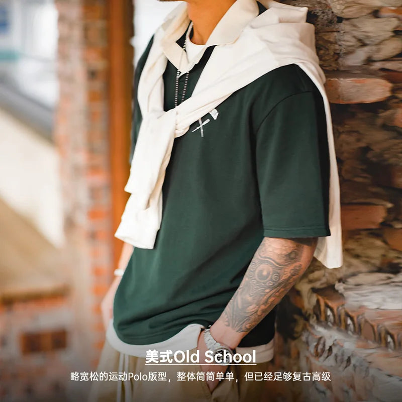 Maden Contrasting Color Short Sleeve T-shirts for Men Summer Green Loose Fit Polo Shirt Casual Embroidery Tee Tops for Daily