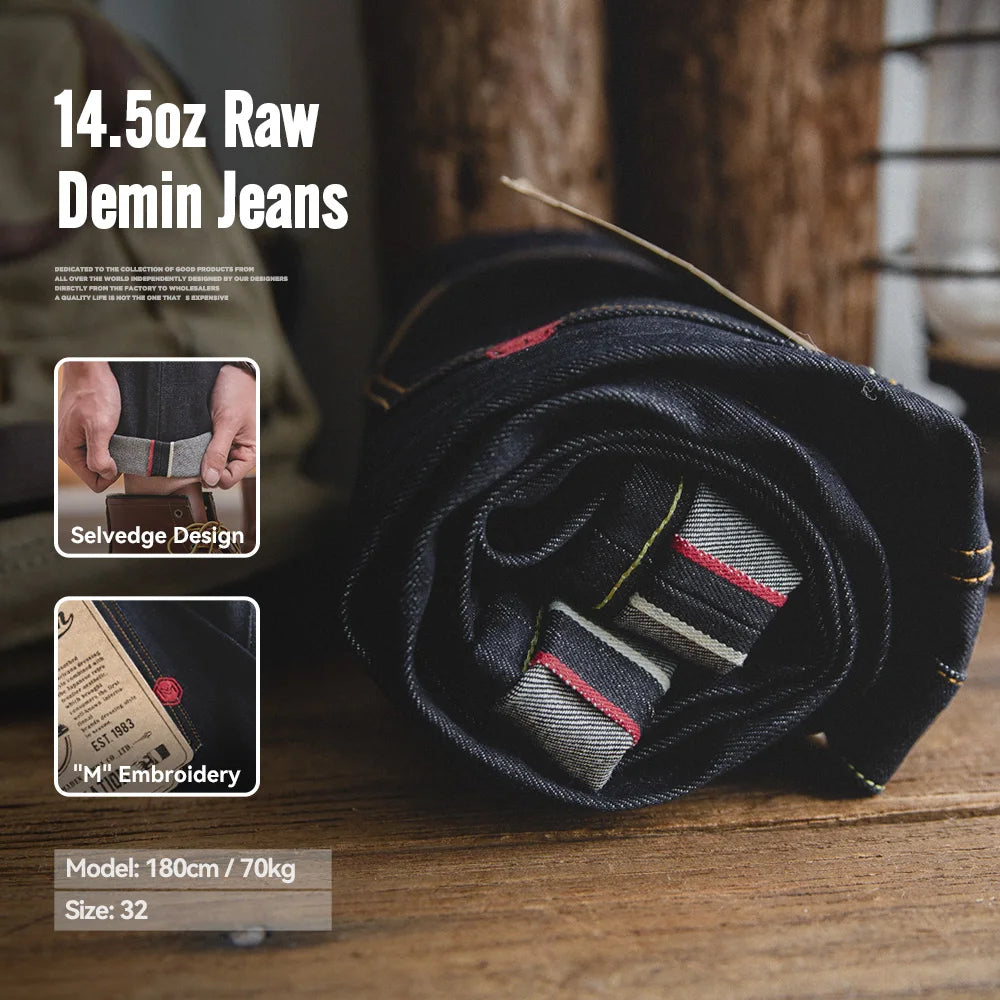 Maden Vintage 14.5oz Selvedge Raw Denim Jeans with YKK Zipper Fly Embroidery Straight Jeans Classic Men's Solid Color Trousers