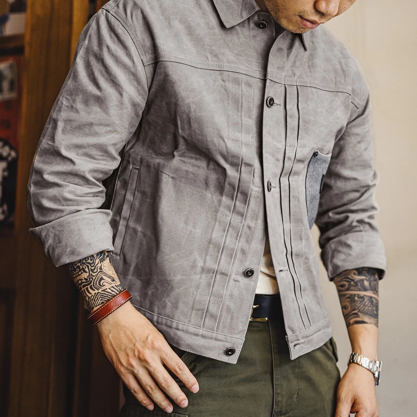 Maden Men's Vintage Oil Waxed Jacket V Waterproof Hunting Coat Double Pleats Grey Canvas Outwear with Patch Pockets for Autumn