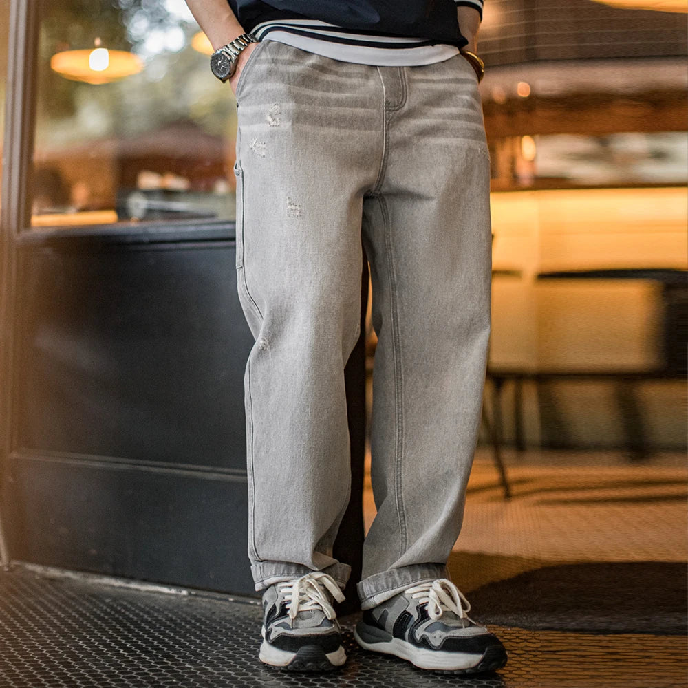 Maden Vintage Heavyweight Washed Gray Jeans Distressed Straight Leg Carpenter Pants Elastic Waist Casual Ripped Denim Trousers