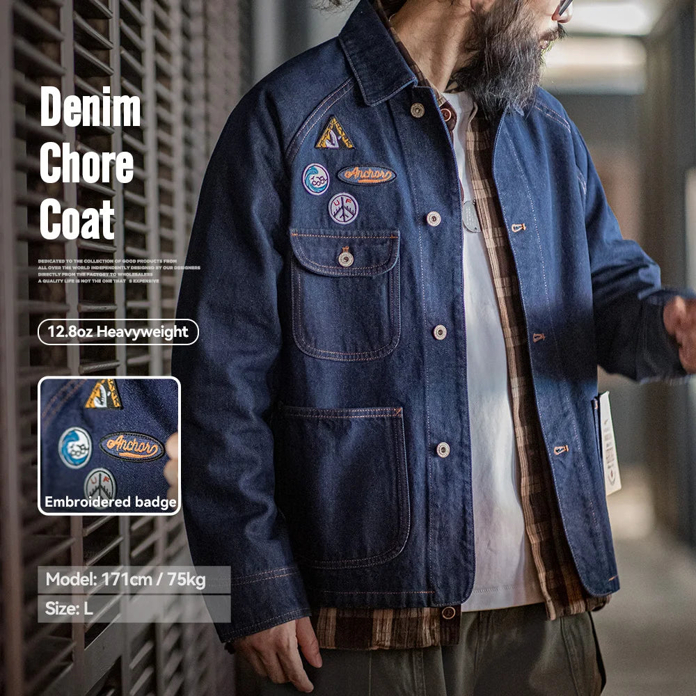 Maden Vintage Embroidered Badge 12.8oz Heavyweight Denim Jacket Washed Lapel Casual Outerwear for Men Spring and Fall Chore Coat