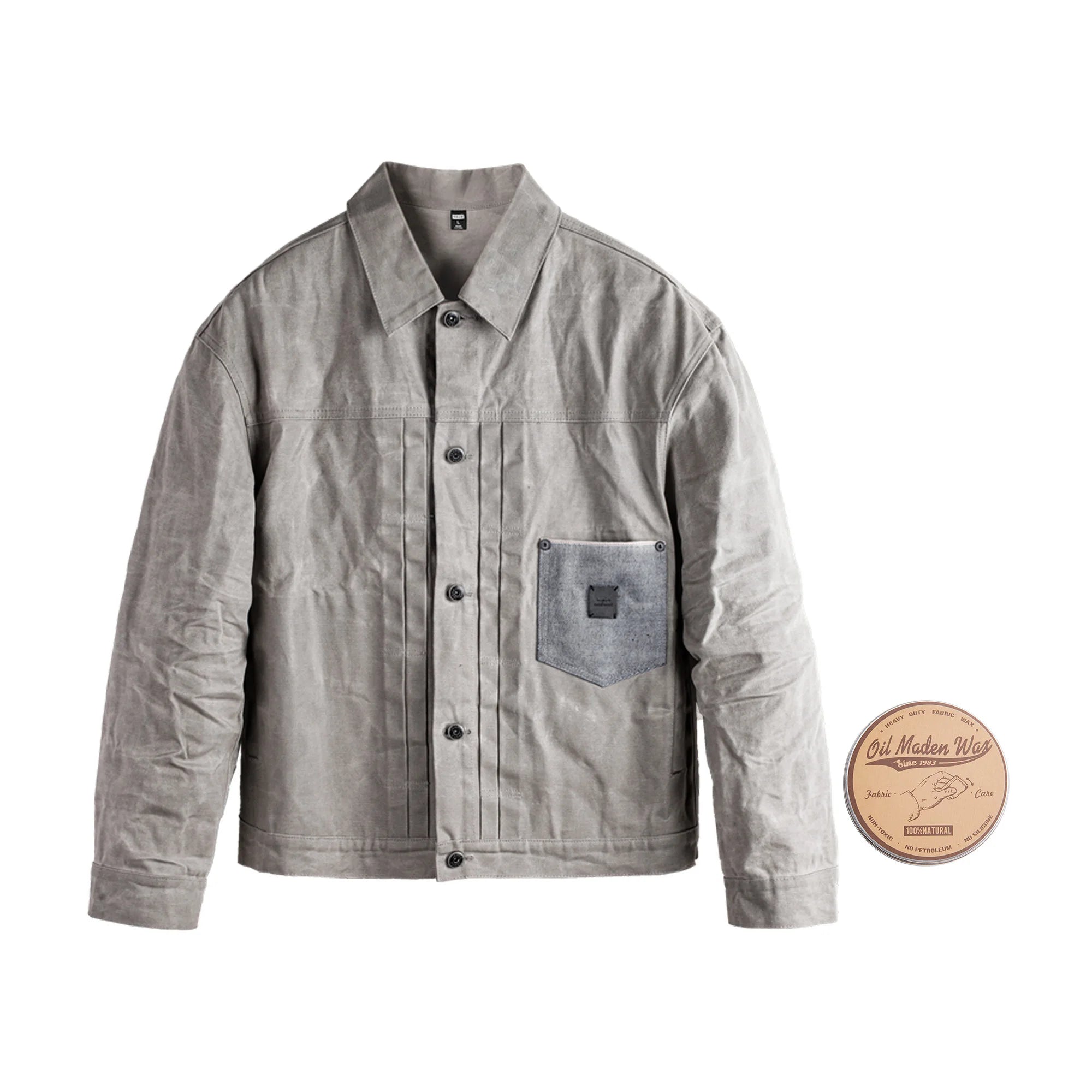 Maden Men's Vintage Oil Waxed Jacket V Waterproof Hunting Coat Double Pleats Grey Canvas Outwear with Patch Pockets for Autumn