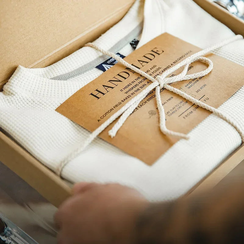 Maden Summer Men's O-Neck Waffle T-Shirt Solid Color Short Sleeve Top Comfortable and Breathable Tees Off White Soft T-shirts