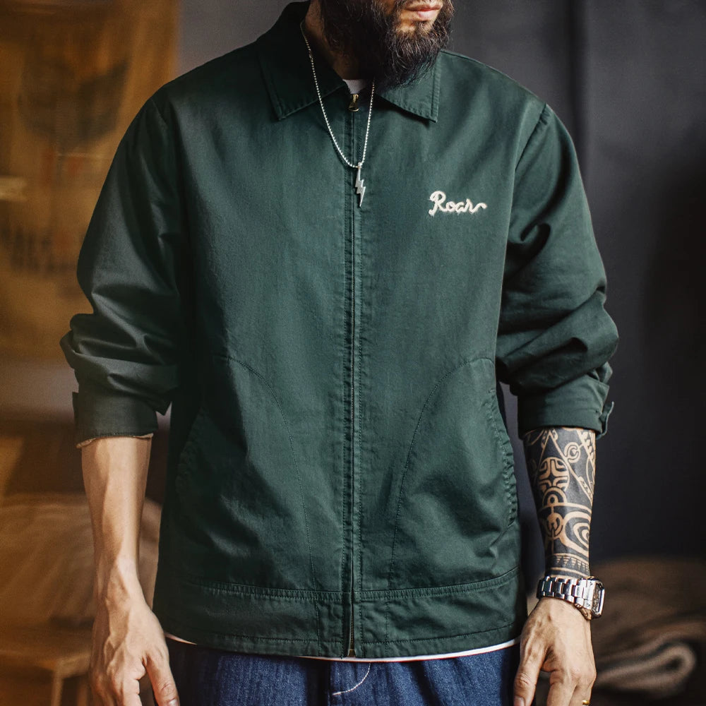 Maden Men's Vintage Tiger Embroidery Jacket Heavyweight Cotton Zip-Up with Lapel Collar Green Casual Overcoat for Spring Fall