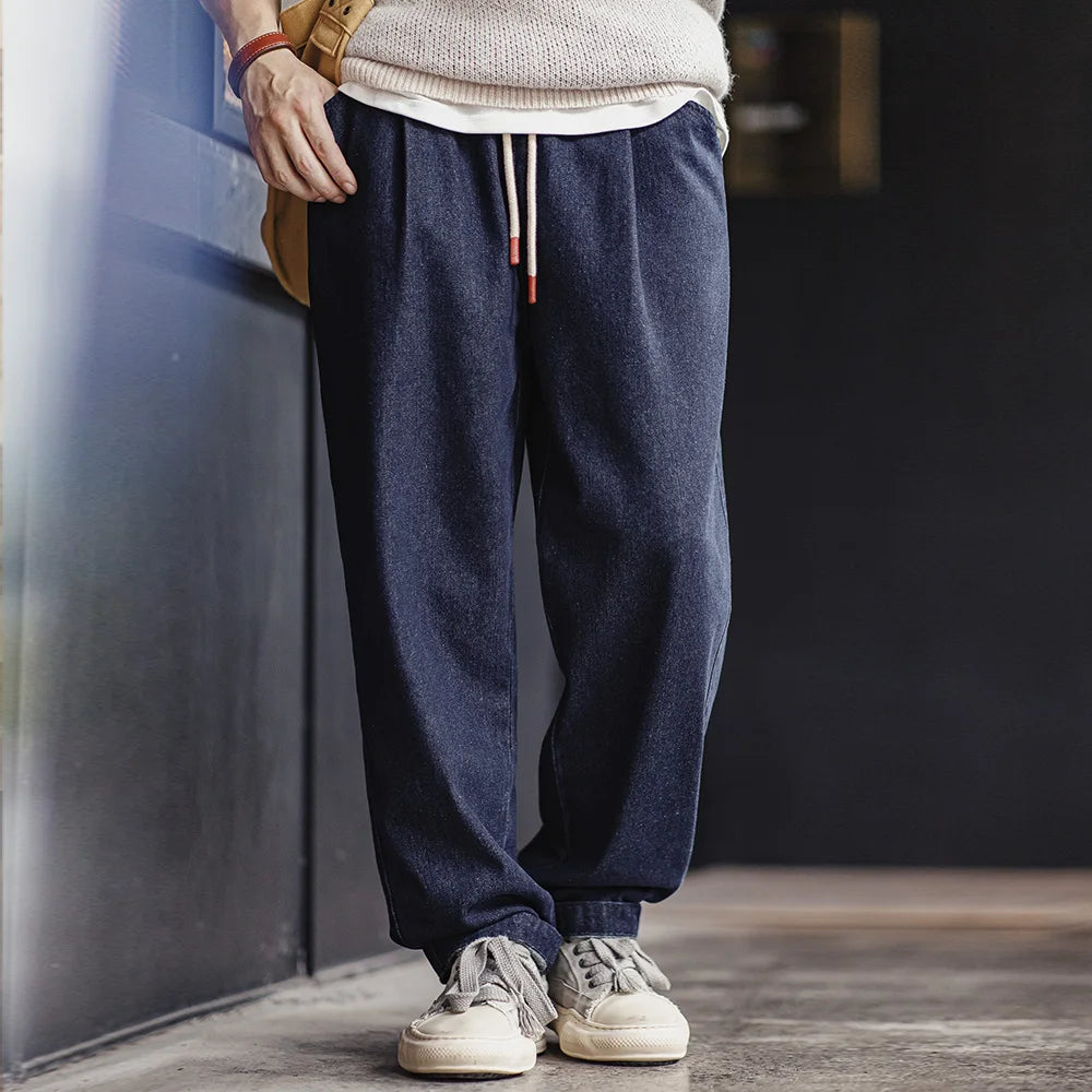 Maden Casual 10oz Jogger Denim Jeans with Elastic Waist Drawstring Washed Straight Trousers for Men's Spring and Autumn Pants