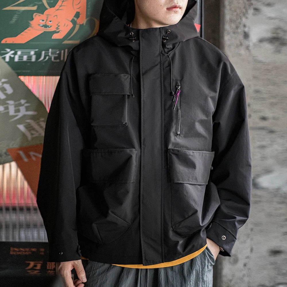 Maden Casual Multi-Pocket Functional Hooded Jacket Black Loose Outdoor Sports Coat for Men's Spring and Autumn Versatile Jacket