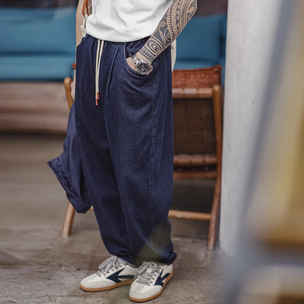 Maden Casual 10oz Jogger Denim Jeans with Elastic Waist Drawstring Washed Straight Trousers for Men's Spring and Autumn Pants