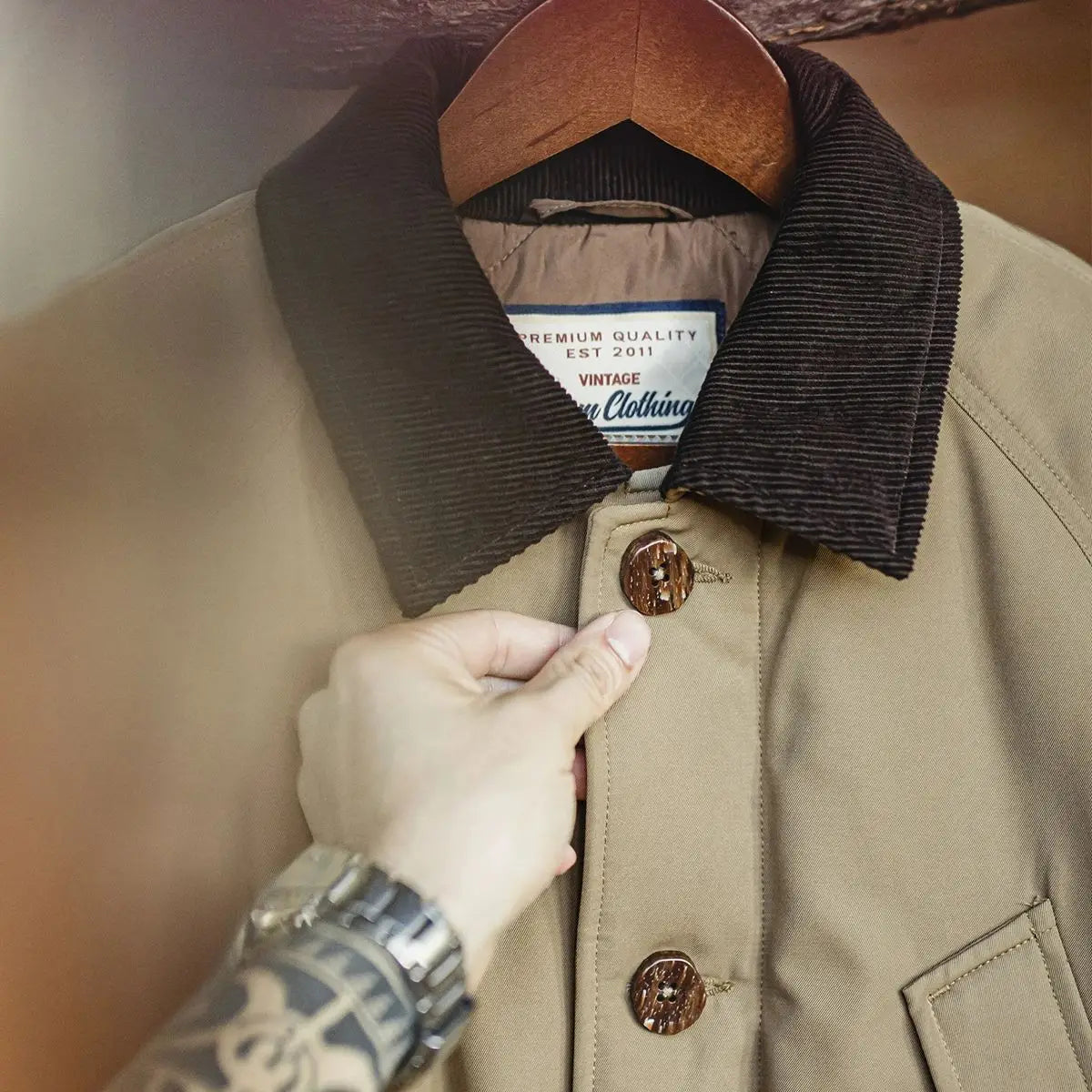 Maden Vintage Corduroy Collar Cotton Padded Safari Jacket Thickened Warm Coat for Men's Fall and Winter Versatile Overcoat