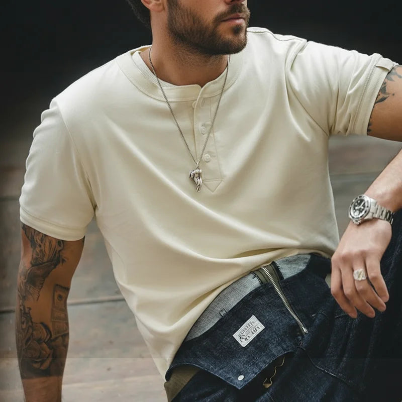 Maden Cotton Men's Henry T-Shirts Soft Breathable Vintage Tops Tee Shirt Solid Casual Classic Buttons Shirt Hot Man Clothing