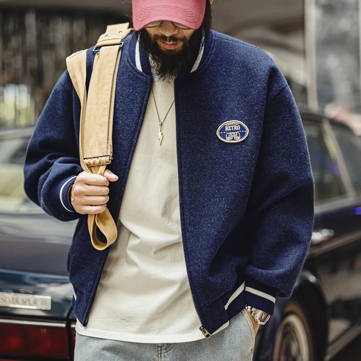 Maden Vintage Men's Blue Baseball Jacket Contrast Embroidery Knit Varsity Coat Short Zip-up Outerwear for Fall Winter Streetwear