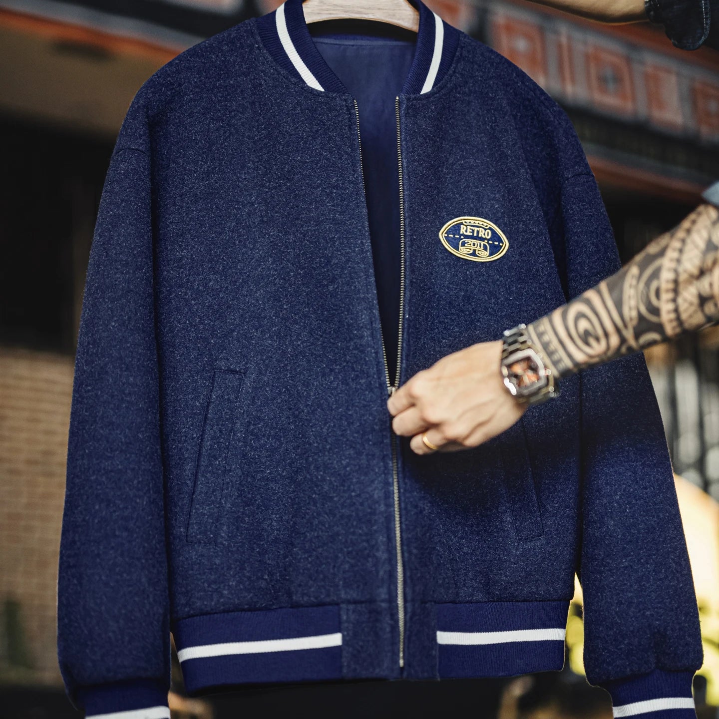 Maden Vintage Men's Blue Baseball Jacket Contrast Embroidery Knit Varsity Coat Short Zip-up Outerwear for Fall Winter Streetwear