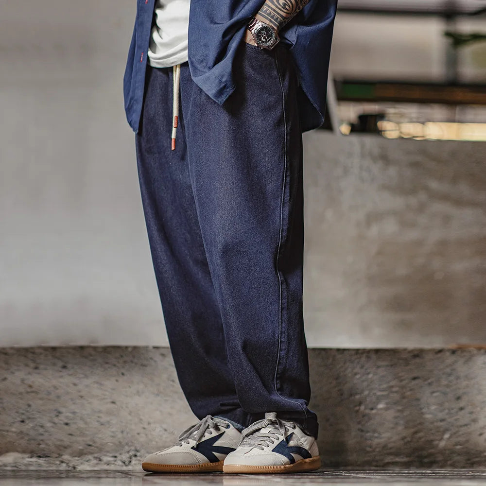 Maden Casual 10oz Jogger Denim Jeans with Elastic Waist Drawstring Washed Straight Trousers for Men's Spring and Autumn Pants