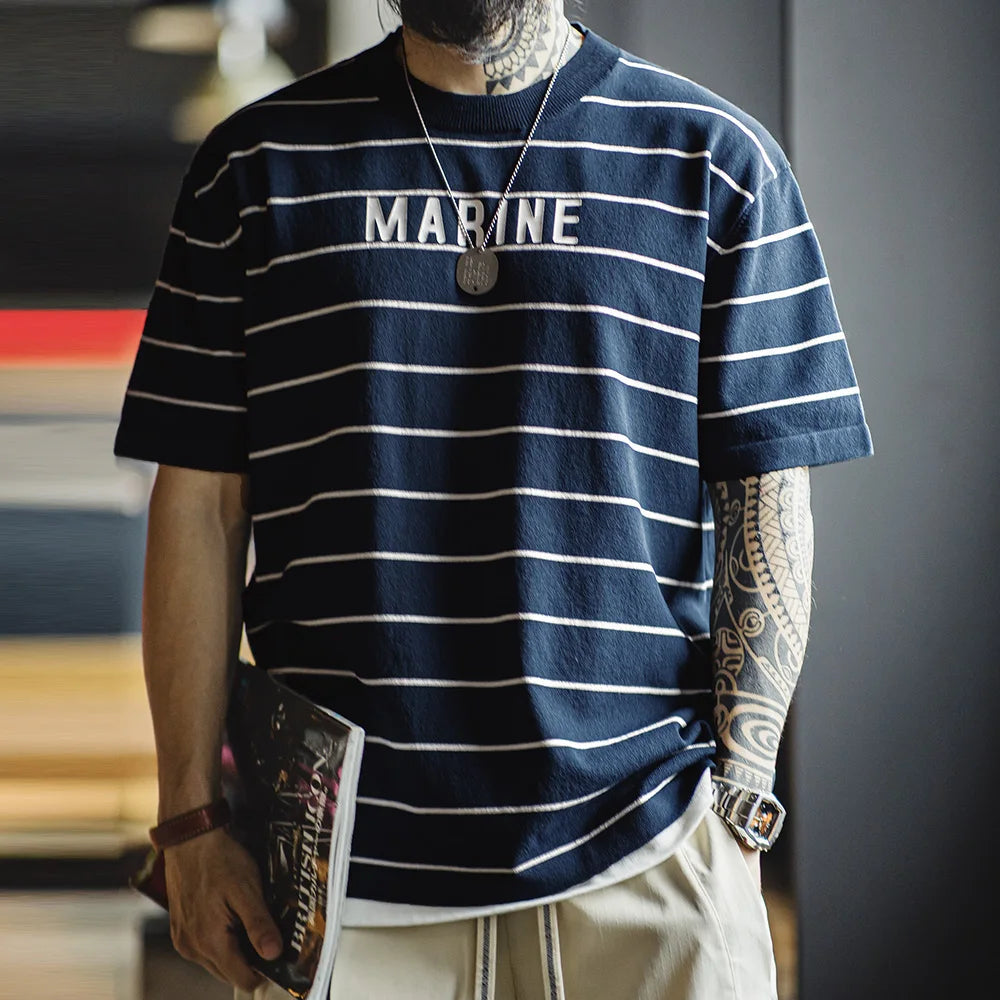 Maden Retro Contrast Striped Short-sleeved T-shirt with Letter Printed Breathable Shirt for Men's Summer Large Size Tops