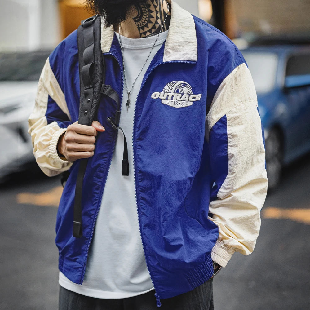 Maden Vintage Splice Racing Jacket Men's Spring Embroidered Outdoor Motorcycle Style Zip-Up Outerwear Lapel Casual Blue Jackets