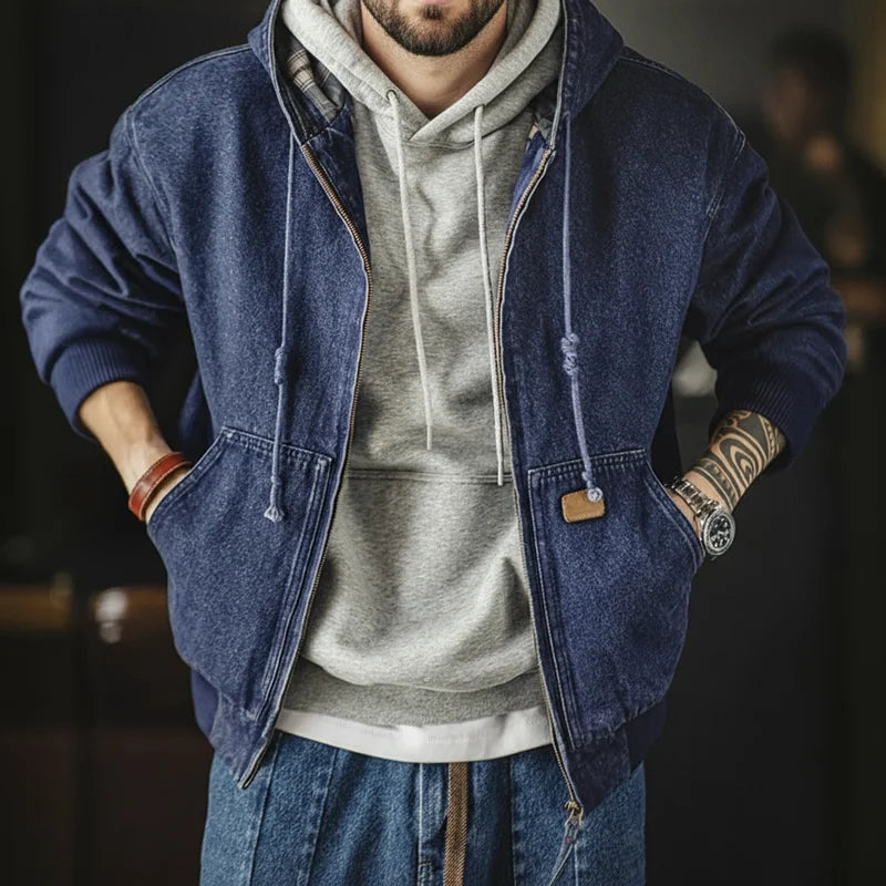 Maden Retro Men's J130 10.5oz Denim Jacket Heavyweight Washed Aged Hooded Jacket Zipper Work Coat with Large Pockets for Fall