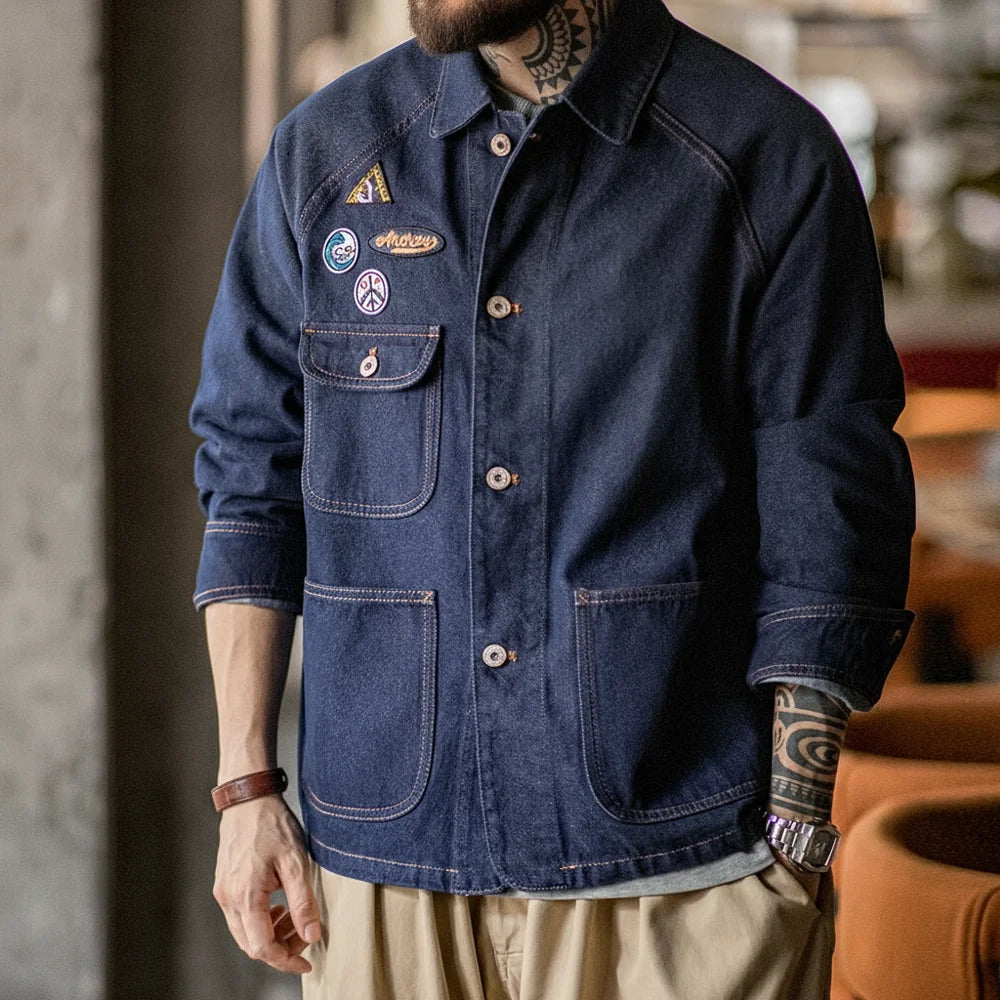 Maden Vintage Embroidered Badge 12.8oz Heavyweight Denim Jacket Washed Lapel Casual Outerwear for Men Spring and Fall Chore Coat