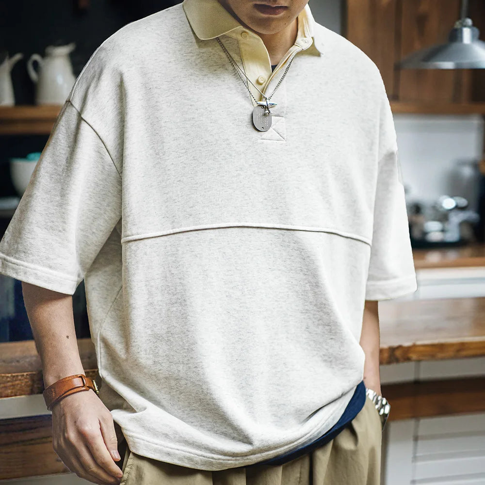 Maden Men's Knitted Short-sleeved T-shirt Heather Gray Color Polo Shirt Patchwork Pure Cotton Collar Summer Loose Fit Tee Tops