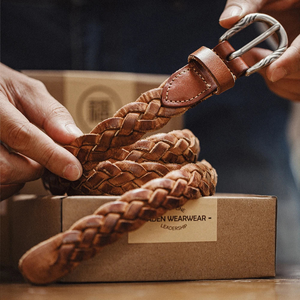 Maden Vintage Woven Vegetable Tanned Cowhide Leather Belt Accessories with Two-layer Cowhide for Men's Versatile Brown Belt