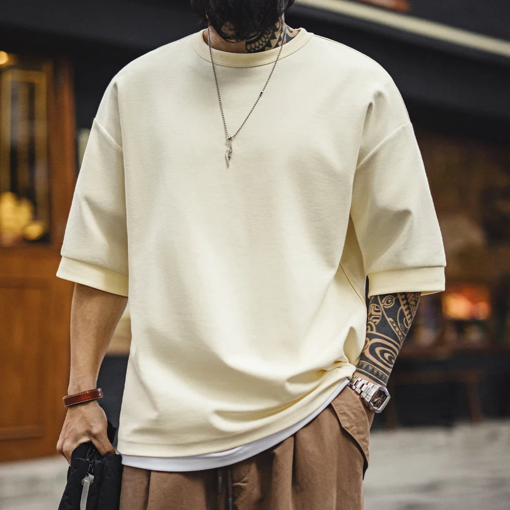 Maden New Casual Loose Fit Crew Neck Short Sleeve T-Shirt Men's Summer Basic Beige Breathable Tee Versatile Cotton Street Top