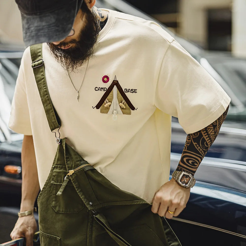 Maden Vintage Embroidered Patchwork Short Sleeves T-Shirt Men's Heavyweight Loose Cotton Tee Ribbed Crew Neck Retro Casual Tops