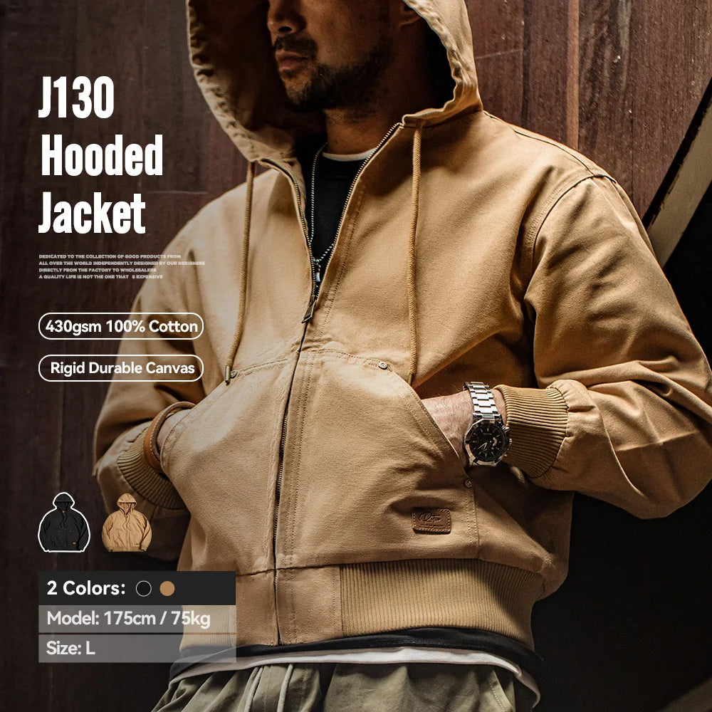Maden Vintage J130 Heavyweight Hooded Jacket Canvas Classic Short Zip Front Solid Color Outerwear for Men Autumn Streetwear Coat