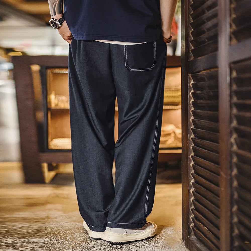 Maden Vintage Draped Non-Iron Black Denim Jeans Men's Spring Casual Drawstring Elastic Waist Loose Trousers Straight Leg Pants