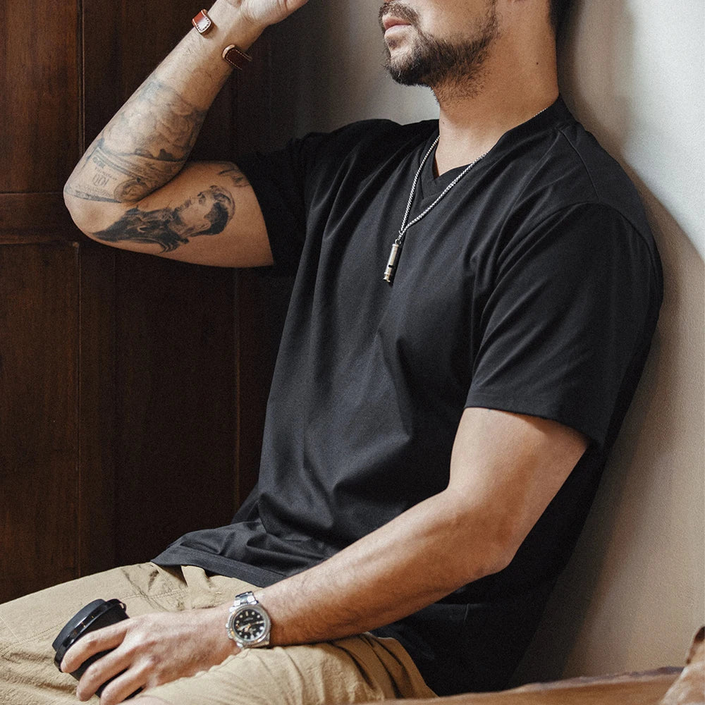 Maden Sorona Quick-drying Sweat-absorbent and Cool Short-sleeved T-shirt V-neck Solid Color Daily Versatile Top for Men's Summer