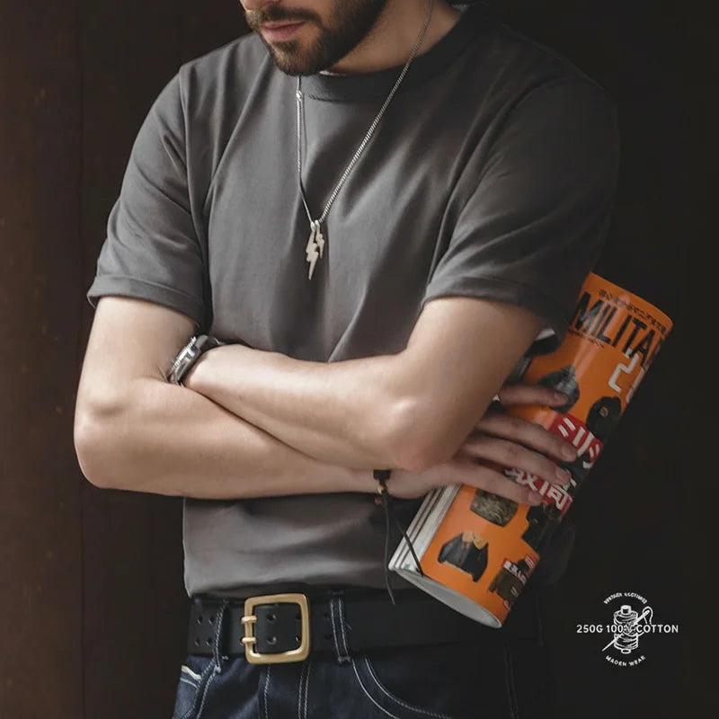 Maden Summer Solid Color Short Sleeve T-Shirts 100% Cotton Round Neck Tees with Rolled Edge Cuffs Casual Tops for Men