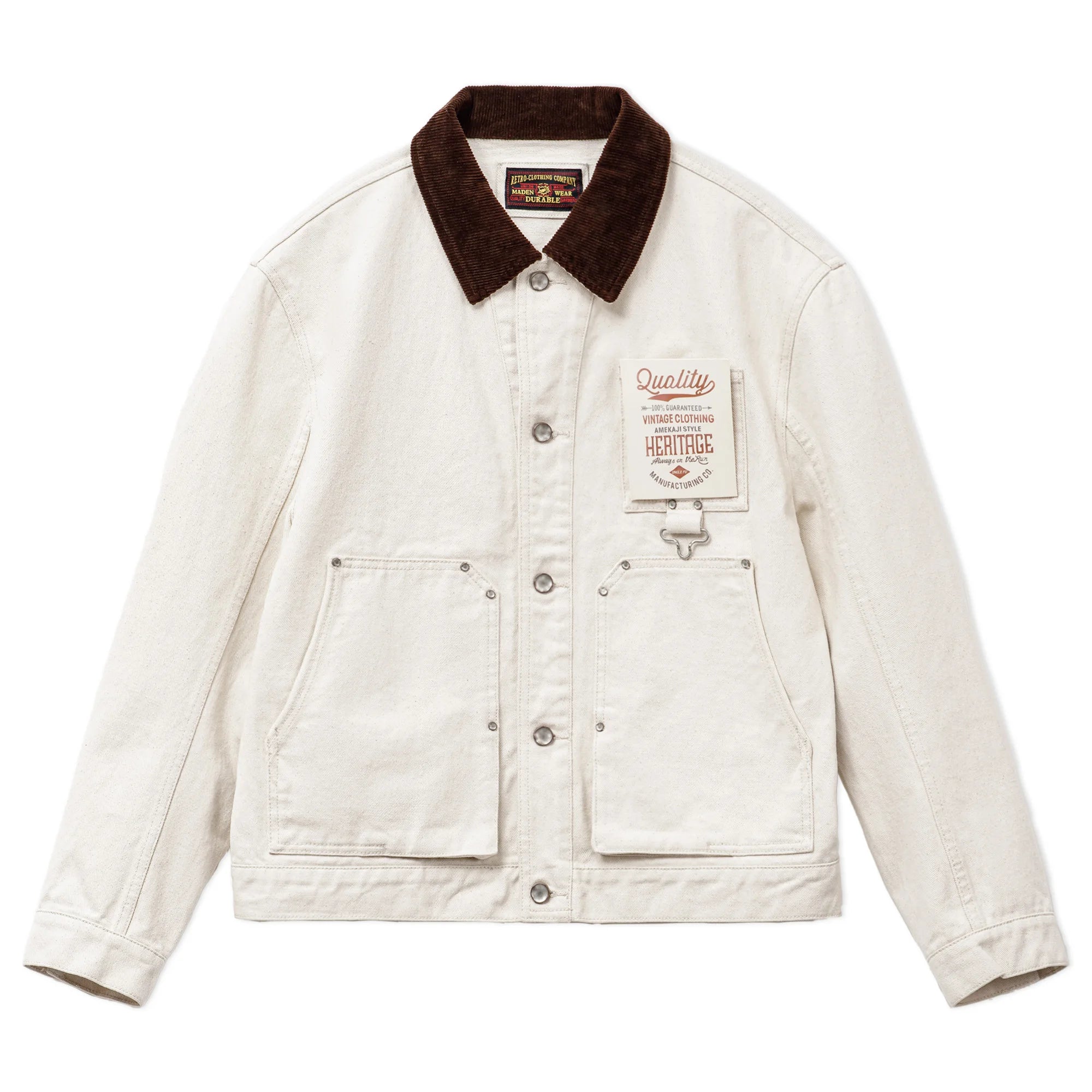 Maden Men's Retro French J22 Jacket Heavyweight White Cottonseed Shell Safari Coat Corduroy Collar Spring/Fall Hunting Outerwear