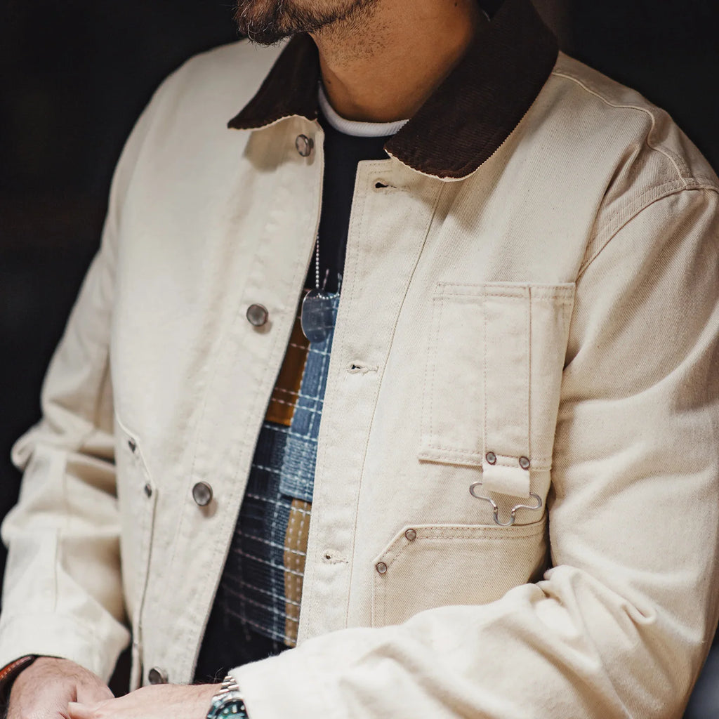 Maden Men's Retro French J22 Jacket Heavyweight White Cottonseed Shell Safari Coat Corduroy Collar Spring/Fall Hunting Outerwear