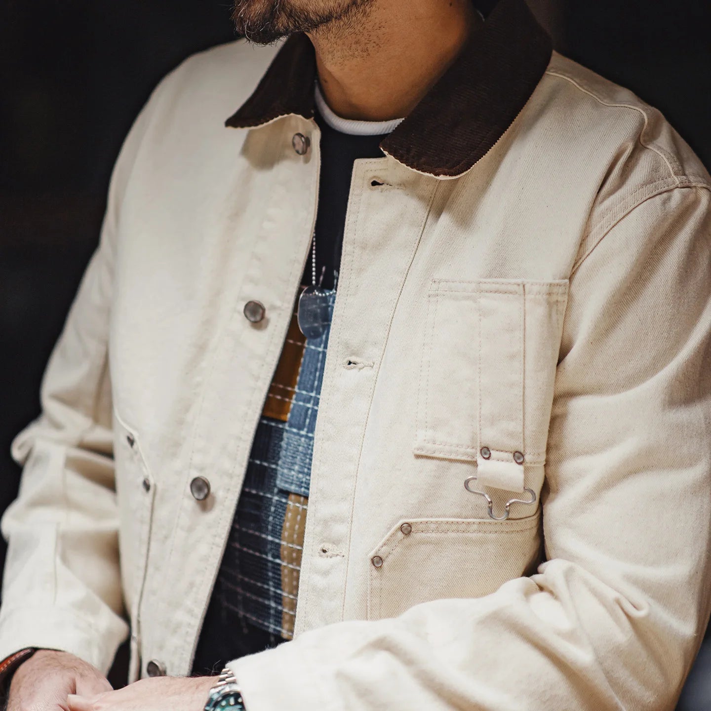 Maden Men's Retro French J22 Jacket Heavyweight White Cottonseed Shell Safari Coat Corduroy Collar Spring/Fall Hunting Outerwear