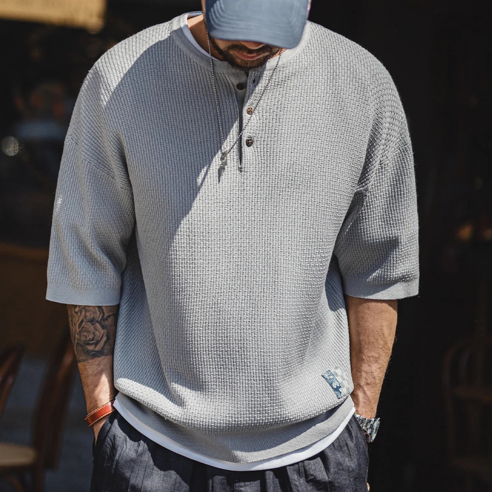 Maden Vintage Boro Style Short Sleeve Henley Shirt Men's Summer Gray Loose Fit Tee Knit Casual Street Versatile Ribbed Hem Tops