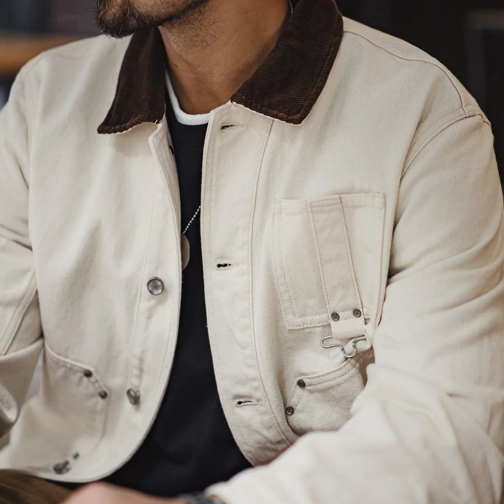 Maden Men's Retro French J22 Jacket Heavyweight White Cottonseed Shell Safari Coat Corduroy Collar Spring/Fall Hunting Outerwear