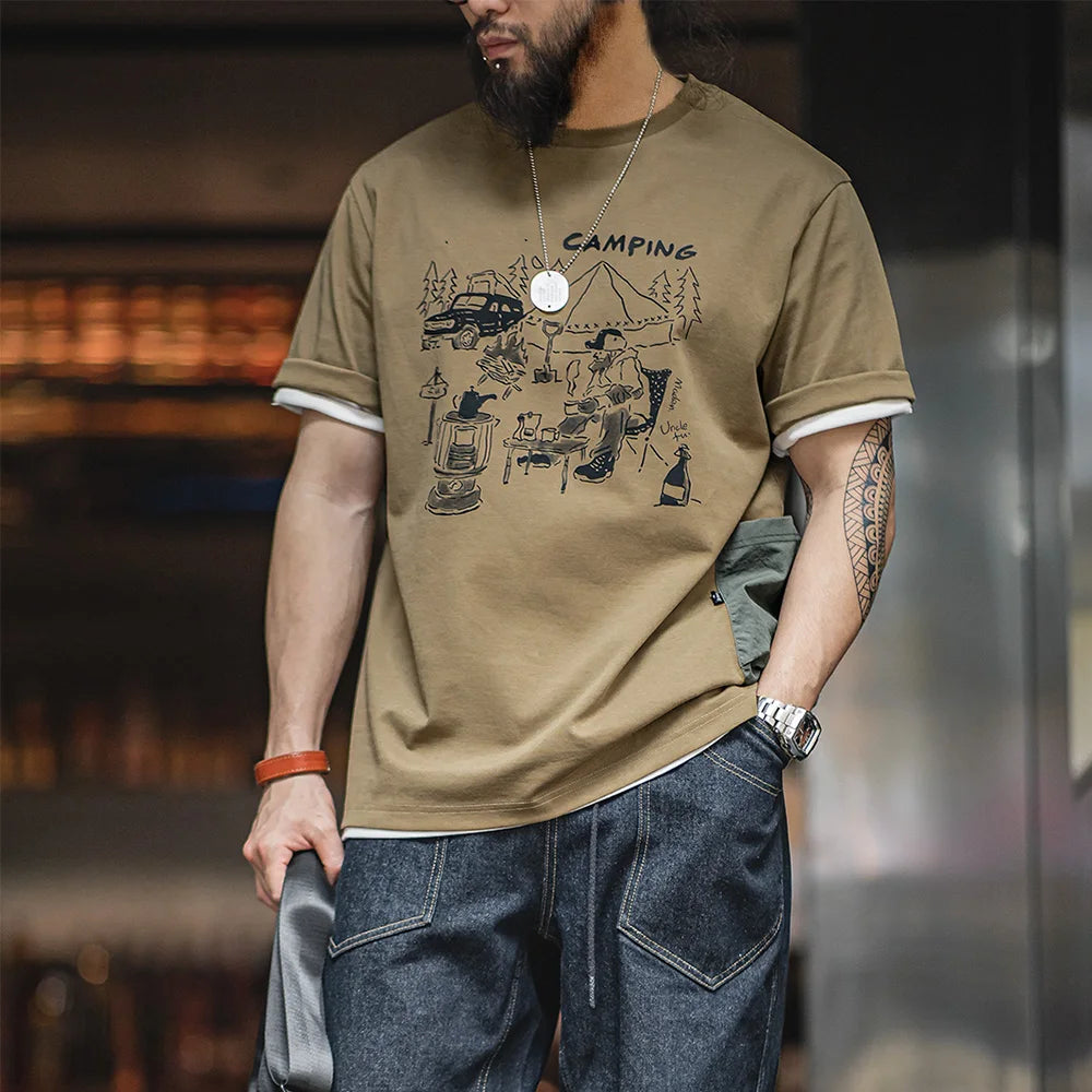 Maden Vintage Summer Short Sleeve T-Shirts Outdoor Camp Fun Print Tees with Waterproof Pocket Casual Loose Fit Tops for Men