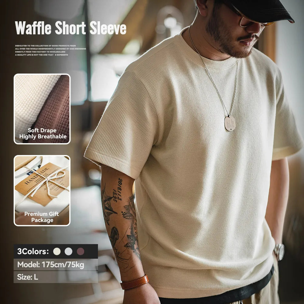 Maden Summer Men's O-Neck Waffle T-Shirt Solid Color Short Sleeve Top Comfortable and Breathable Tees Off White Soft T-shirts