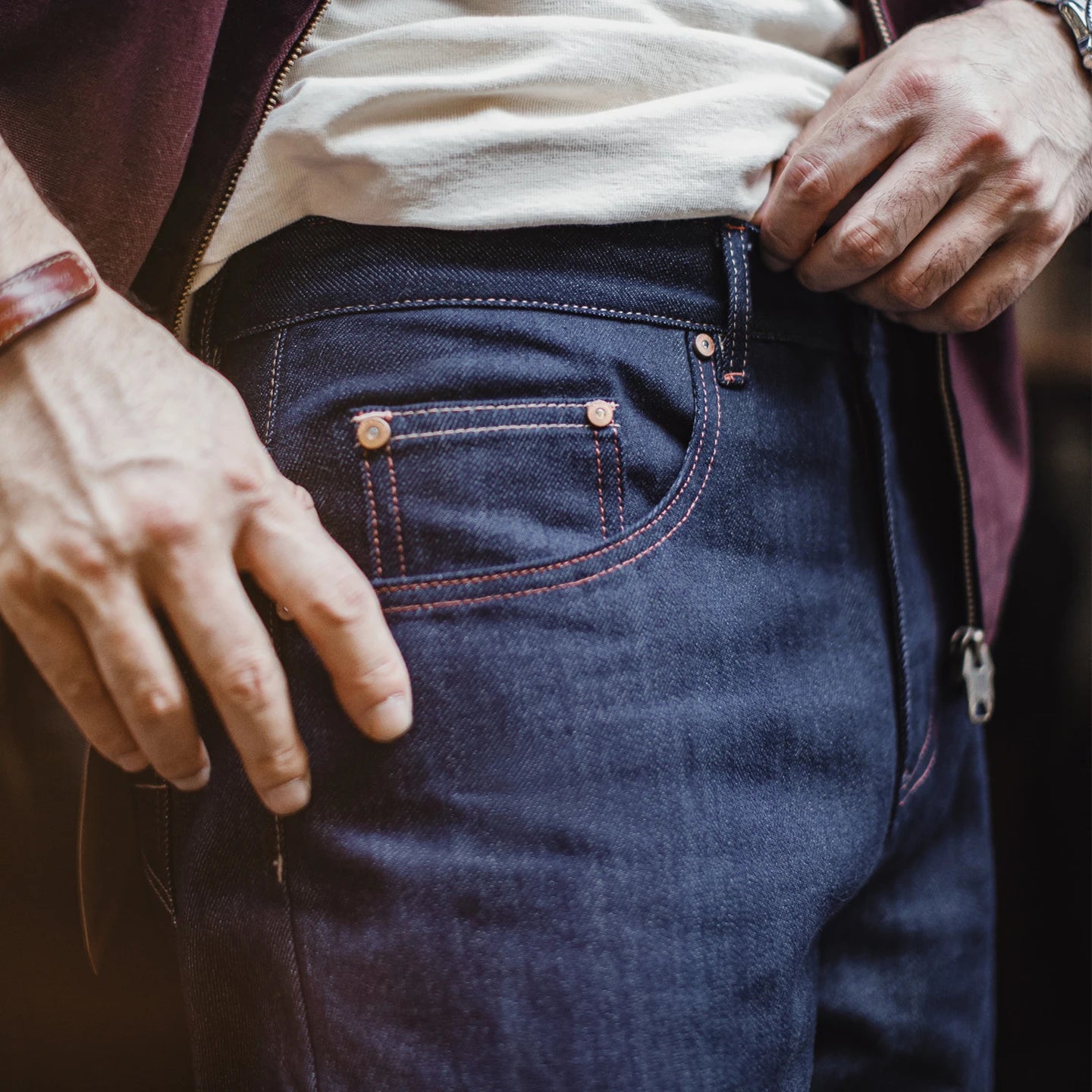 Maden Men's Vintage Selvedge Raw Denim Jeans with Horse Hair Leather Patch 100% Cotton Straight Trousers for Spring Fall Pants