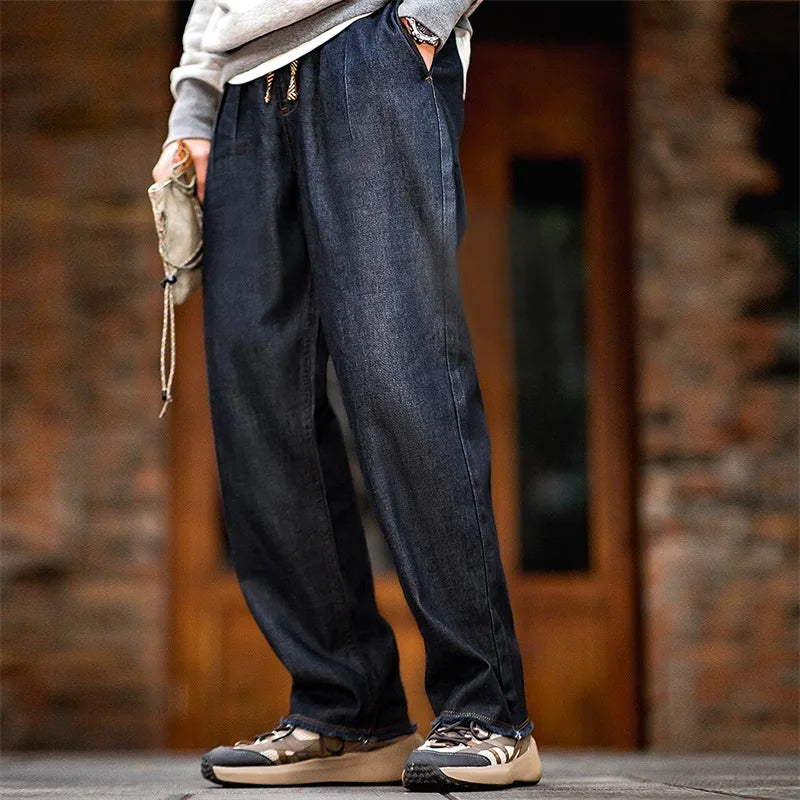 Maden Casual Lyocell Cool Comfort Jeans Men's Spring and Fall Washed Denim Relaxed Fit Trousers with Elastic Waist Vintage Pants