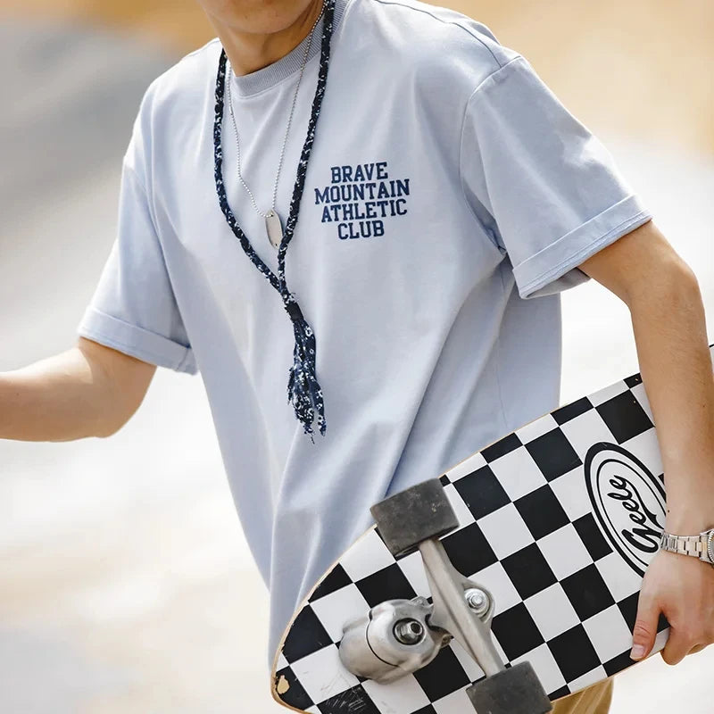 Maden Workwear Tee American Casual Macarone Short Sleeve T-shirt Flocking Letter Printing All Cotton Round Neck Top Men's Summer