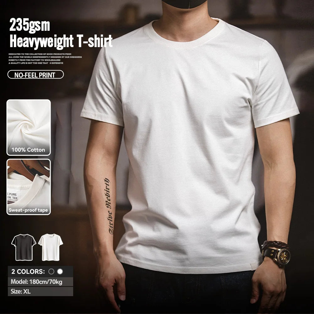 Maden 1Pc/2Pcs Solid Cotton Short-sleeved T-shirts Round Neck Black Beige T-Shirt Men's Summer Classic Heavyweight Versatile Tee