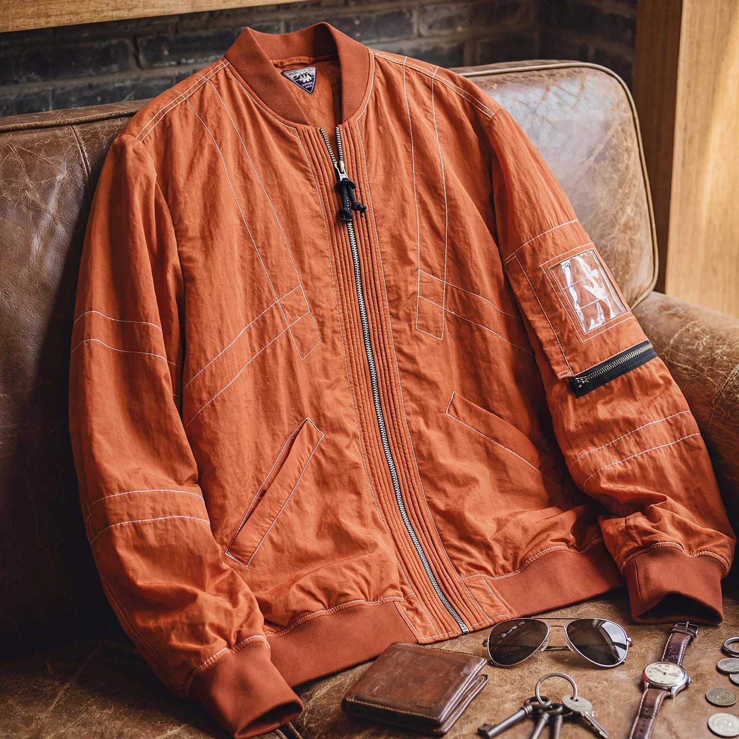 Maden Men‘s Vintage MA-1 Bomber Jacket Red Lightweight Pilot Coat with Zipper Classic Baseball Style Jacket for Spring Autumn