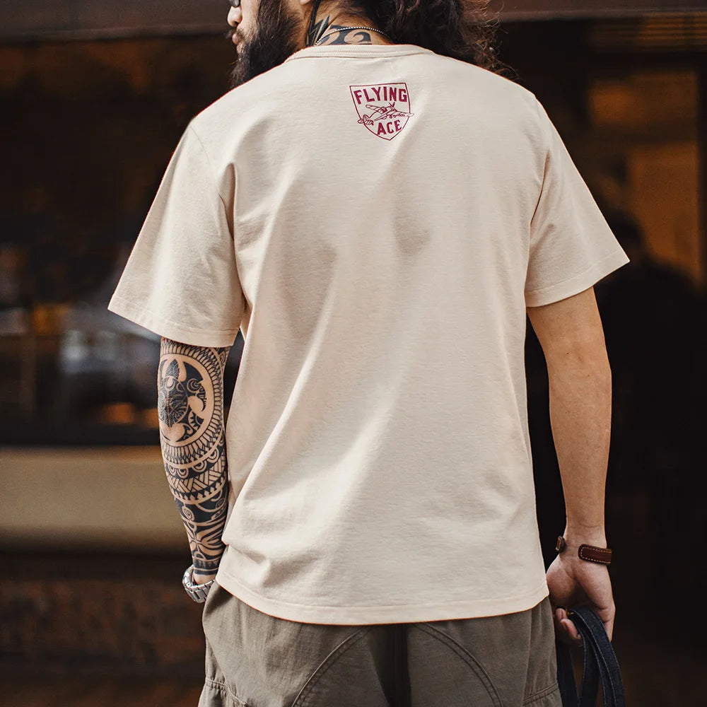 Maden Retro Tiger Print Short Sleeve T-Shirt Men's Summer Loose Apricot Round Neck Tee Embroidered Letter Fringe Casual Tops