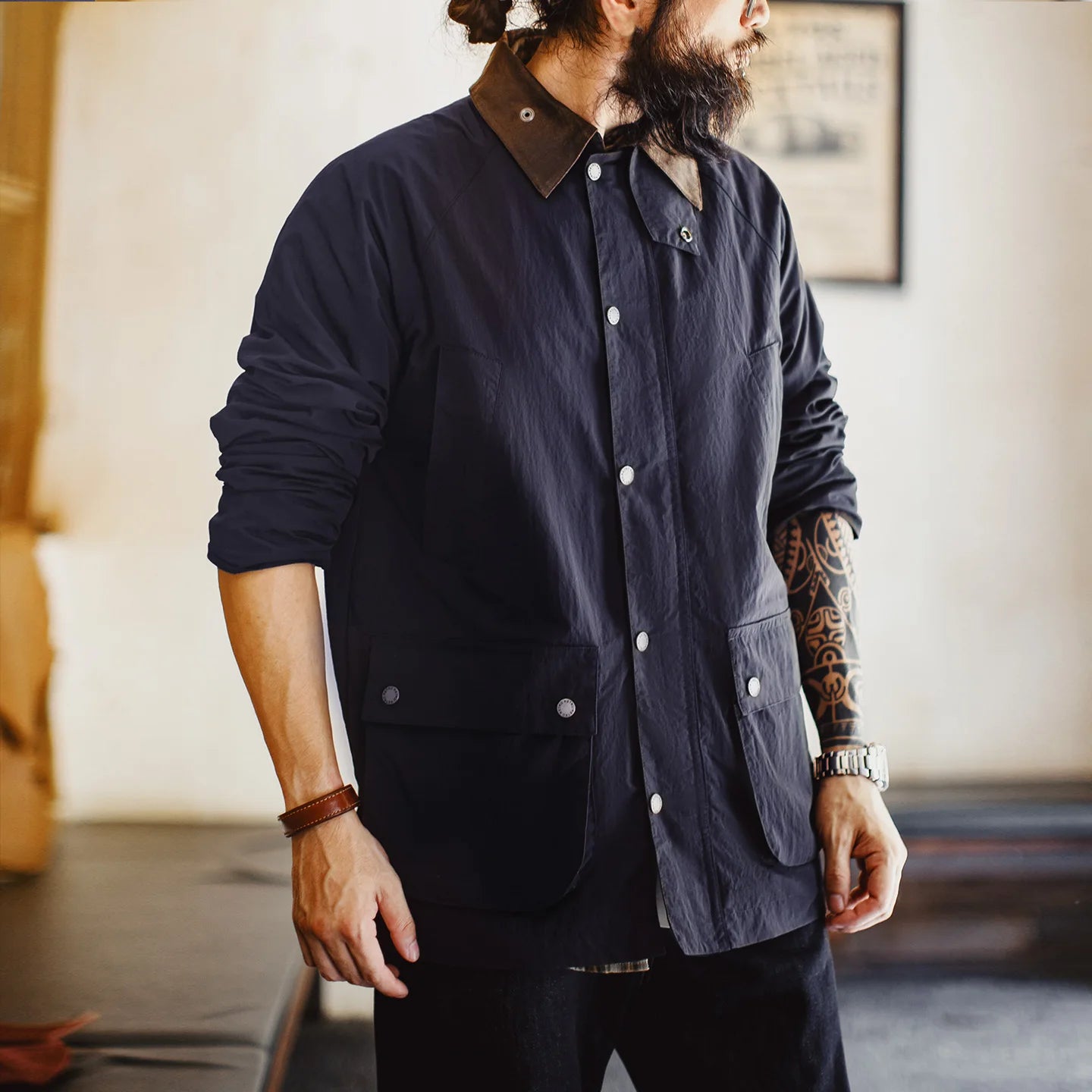 Maden Vintage Men's Blue Safari Jacket Waterproof Hunting Coat Loose Fit Windproof Contrast Collar Windbreak  for Spring Fall