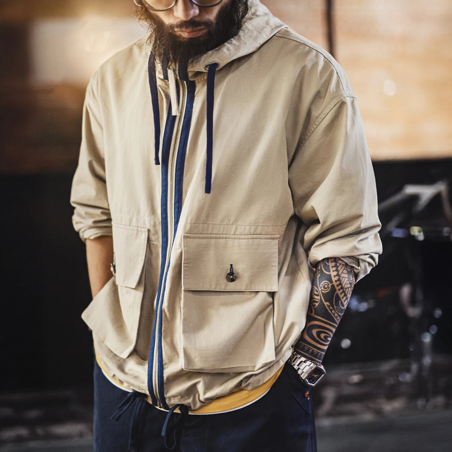 Maden Men's Vintage Canvas Jacket Khaki Cotton Hooded Zip-Up Multiple Pockets Outwear Casual Workwear Coat for Spring/Autumn